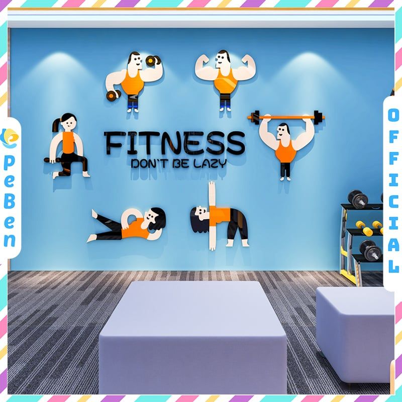  Tranh mica EPeBen dán tường nổi 3d hình Fitness don't be lazy nam nữ các động tác decor trang trí Phòng Tập Gym 