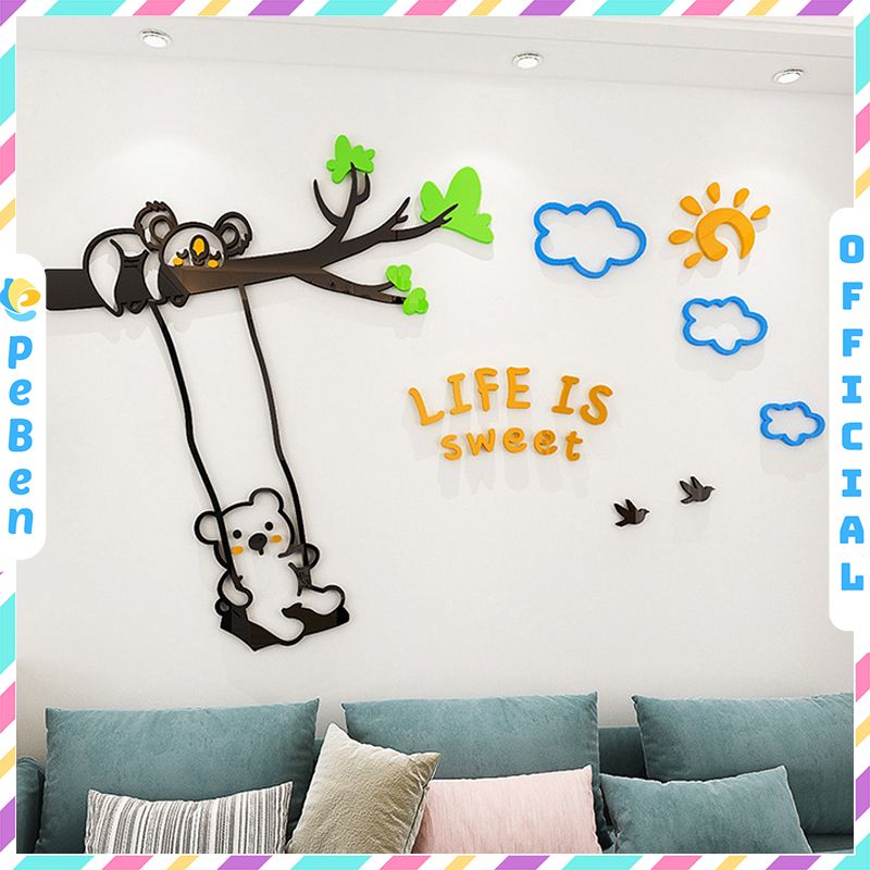  Tranh mica EPeBen dán tường nổi 3d hình gấu koala đu cây Life is sweet decor trang trí Phòng Cho Bé, Phòng Ngủ 
