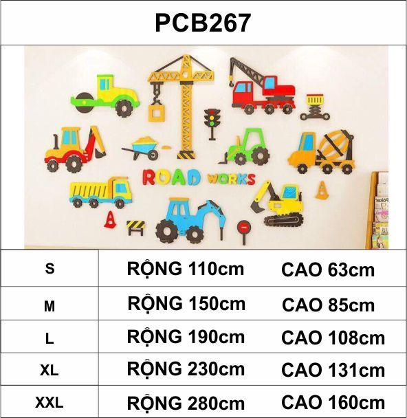  Tranh mica EPeBen dán tường nổi 3d hình xe công trường xây dựng trang trí phòng cho bé nam, bé trai, mầm non, mẫu giáo 