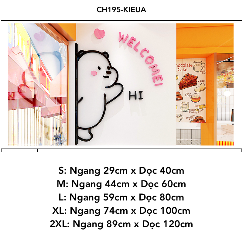  Tranh mica nổi 3d dán tường Gấu Thỏ Mèo thò Welcome Hi trang trí Dán Cửa hàng, Shop Quần Áo, phòng ngủ 