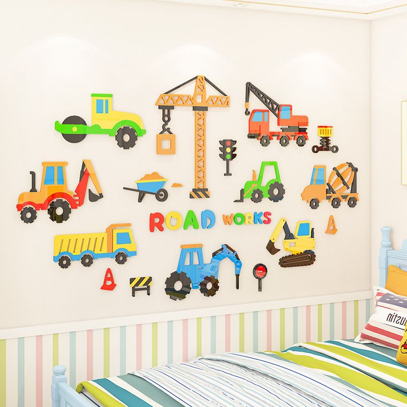  Tranh mica EPeBen dán tường nổi 3d hình xe công trường xây dựng trang trí phòng cho bé nam, bé trai, mầm non, mẫu giáo 