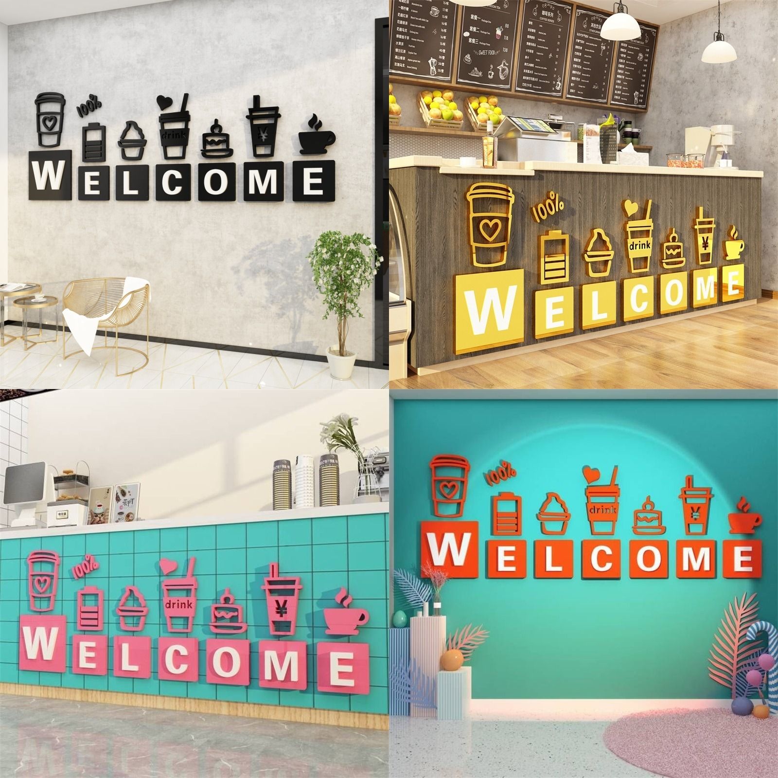  Tranh mica EPeBen dán tường nổi 3d hình Welcome quán cafe trang trí quầy bar, cửa hàng, trà sữa, trà chanh, quán nước 