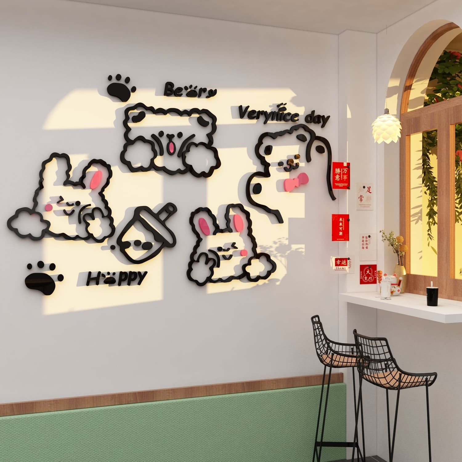 Tranh mica EPeBen dán tường nổi 3d hình Tường Checkin thỏ gấu đáng yêu Verynice day Be Happy decor trang trí Cửa Hàng 