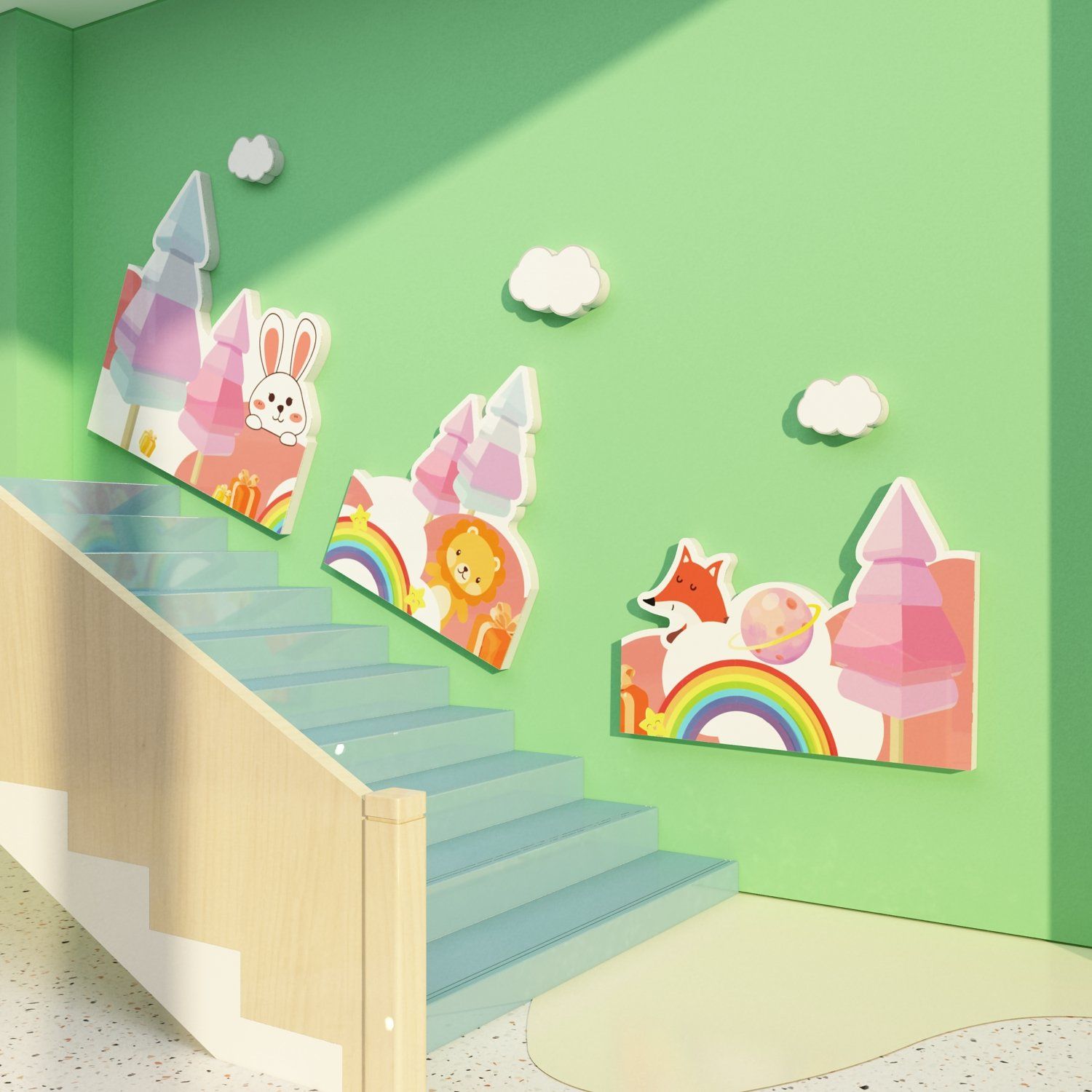  Tranh Fomex EPeBen dán tường nổi 3d Hình Khu vườn cầu vồng decor trang trí Phòng cho bé, Phòng Học, Mẫu giáo 