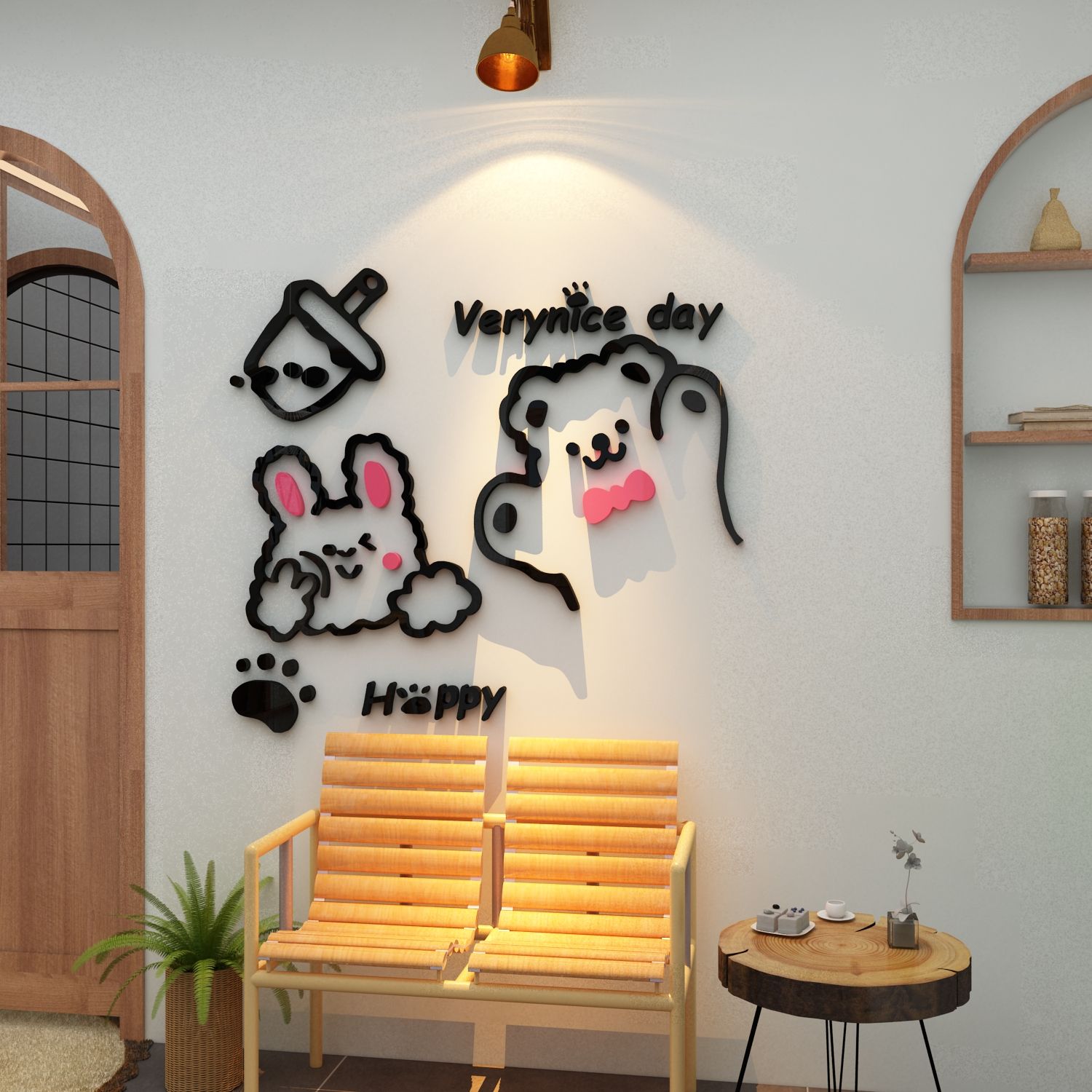  Tranh mica EPeBen dán tường nổi 3d hình Tường Checkin thỏ gấu đáng yêu Verynice day Be Happy decor trang trí Cửa Hàng 