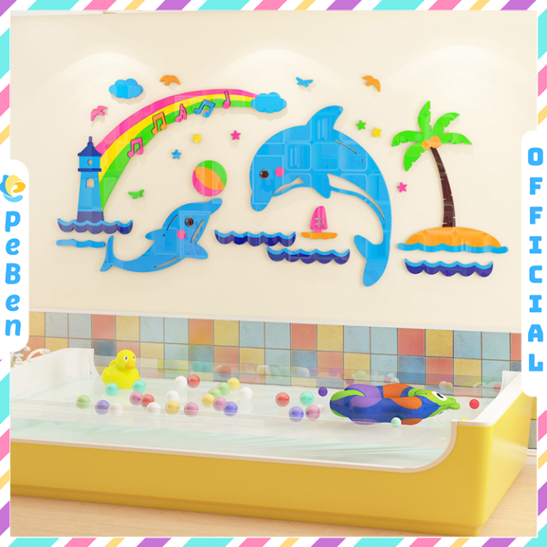  Tranh mica EPeBen dán tường nổi 3d Hình cá heo, kho báu decor trang trí Cửa hàng, Phòng cho bé, Phòng tắm, Mẫu giáo 