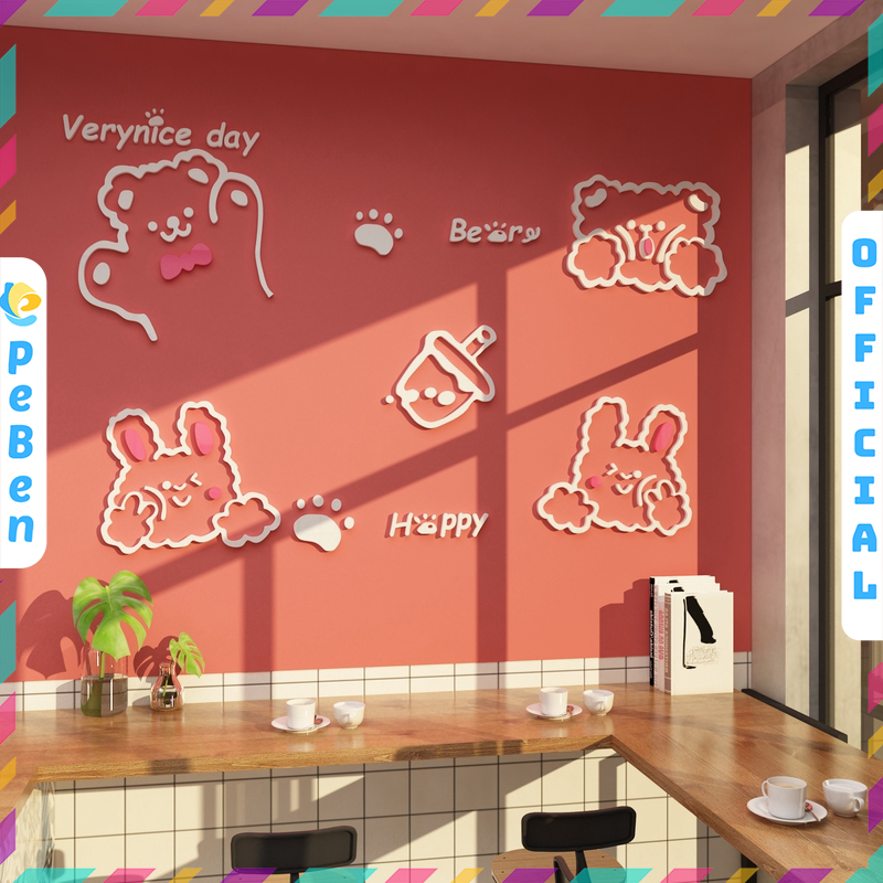  Tranh mica EPeBen dán tường nổi 3d hình Tường Checkin thỏ gấu đáng yêu Verynice day Be Happy decor trang trí Cửa Hàng 