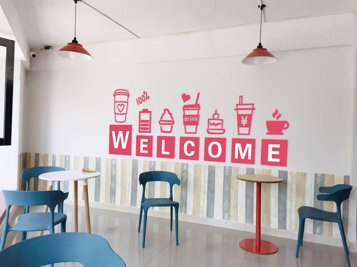  Tranh mica EPeBen dán tường nổi 3d hình Welcome quán cafe trang trí quầy bar, cửa hàng, trà sữa, trà chanh, quán nước 