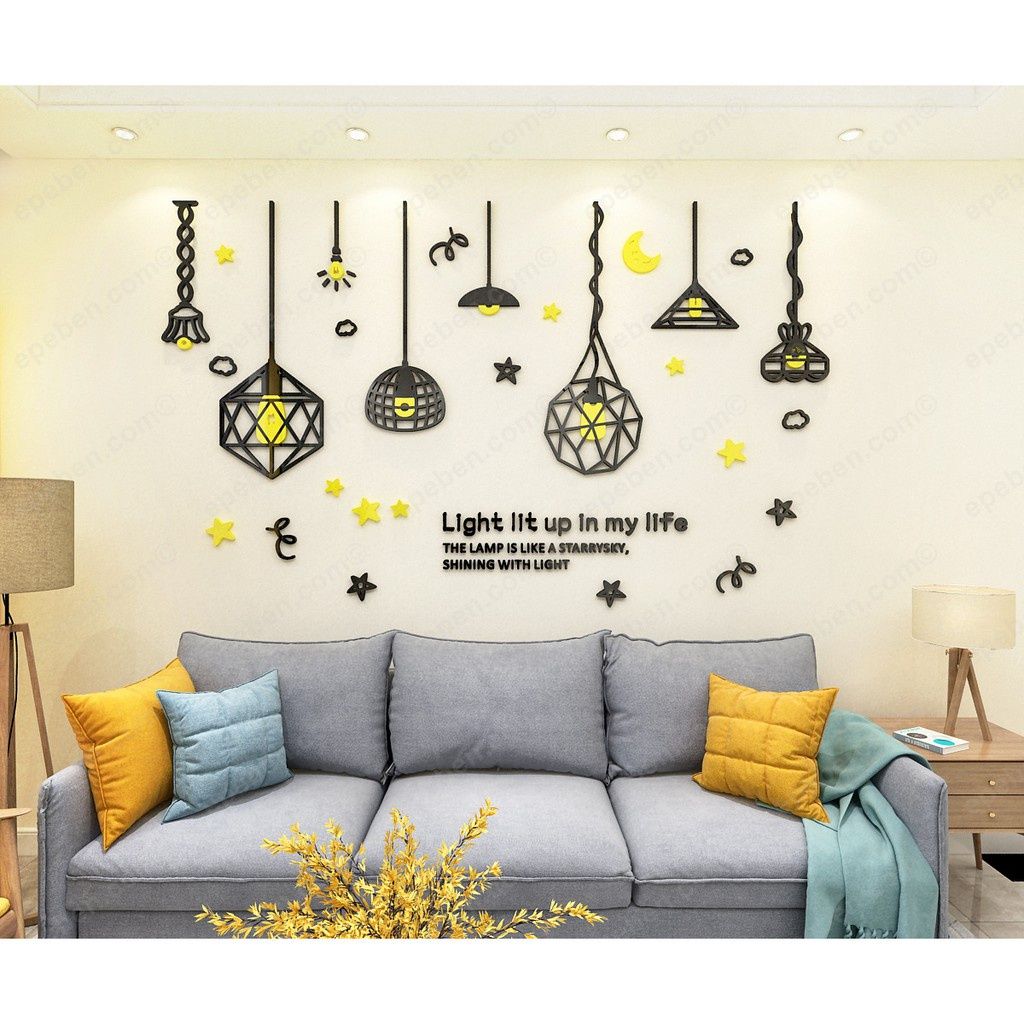  Tranh mica EPeBen dán tường nổi 3d hình đèn thả treo màu đen vàng decor trang trí phòng khách, phòng ngủ 