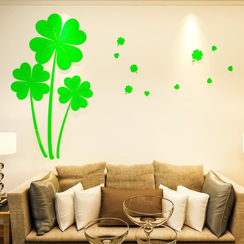  Tranh dán tường mica 3d decor khổ lớn cỏ bốn lá trang trí phòng khách, phòng ngủ 