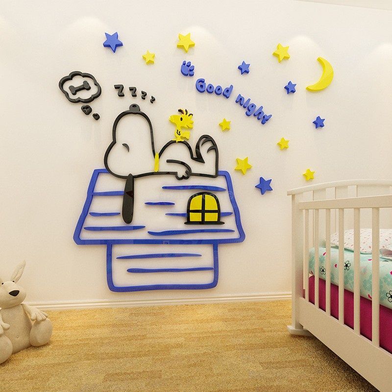  Tranh mica EPeBen dán tường nổi 3d hình snoopy ngủ trên mái nhà decor trang trí mầm non, phòng cho bé 