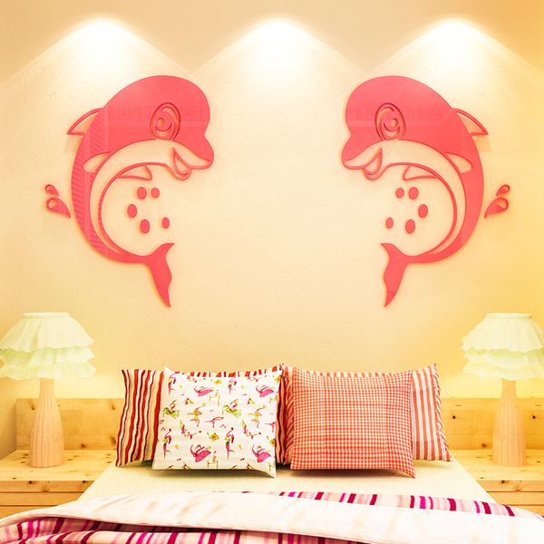  Tranh dán tường mica 3d decor khổ lớn hoạt hình hai chú cá heo xinh xắn 