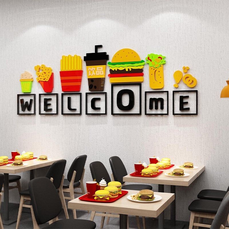  Tranh dán tường mica 3d decor Humburger Trang trí quán ăn, nhà hàng 