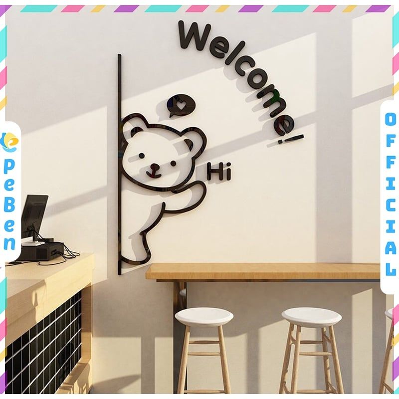  Tranh mica EPeBen dán tường nổi 3d hình Chú gấu thân thiện welcome Dán Cửa decor trang trí phòng cho bé, cửa hàng 