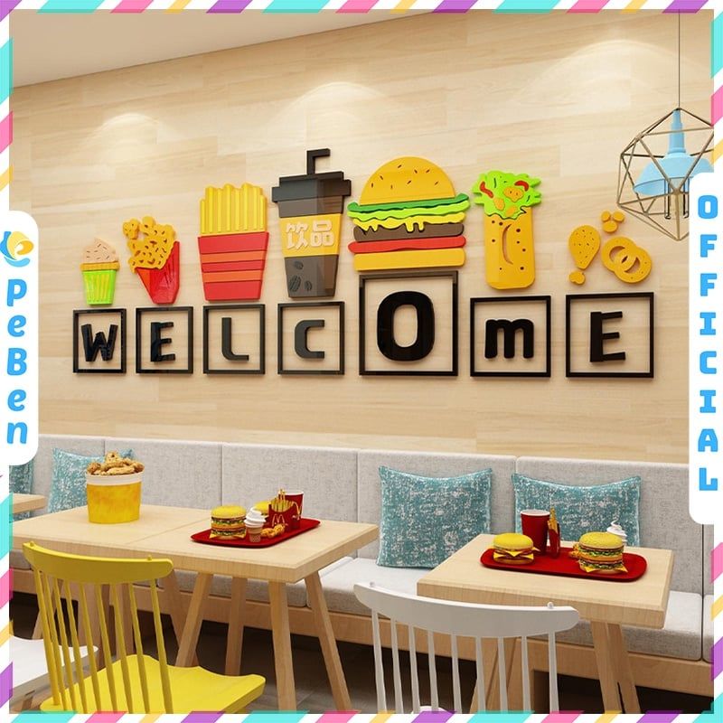  Tranh dán tường mica 3d decor Humburger Trang trí quán ăn, nhà hàng 
