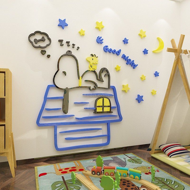 Tranh mica EPeBen dán tường nổi 3d hình snoopy ngủ trên mái nhà decor trang trí mầm non, phòng cho bé 