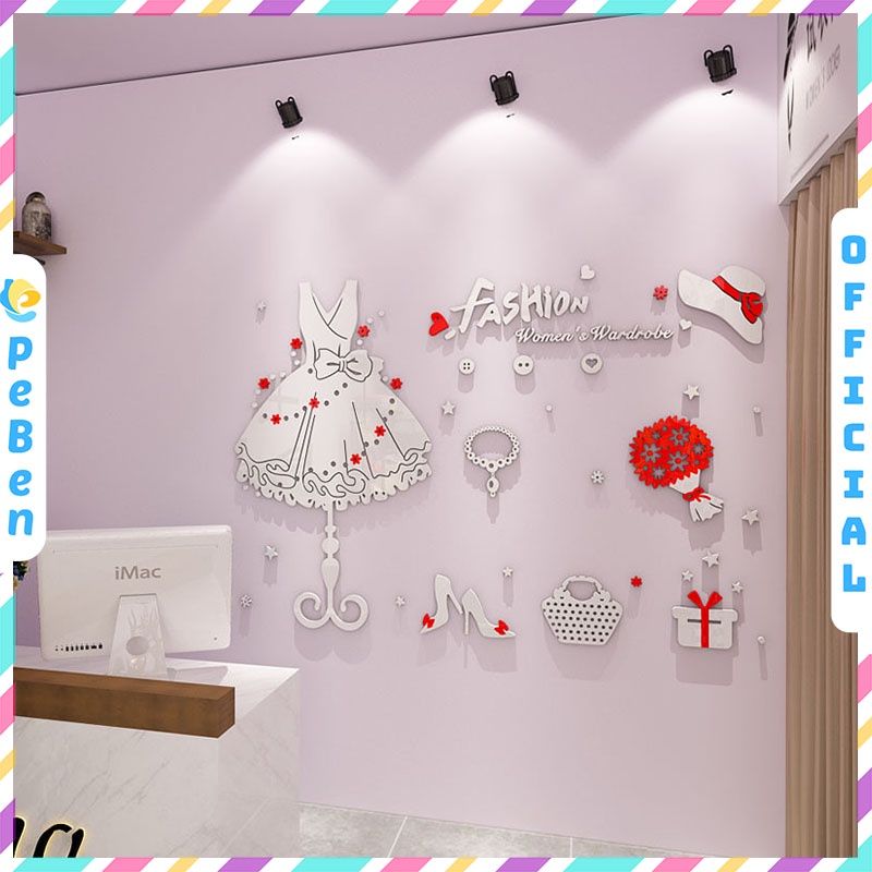  Tranh mica EPeBen dán tường nổi 3d hình váy, guốc, ví decor trang trí shop thời trang bán váy áo, shop phụ kiện 