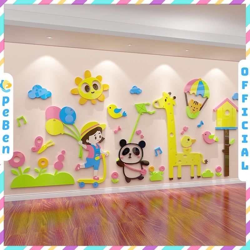  Tranh mica EPeBen dán tường nổi 3d hình cô bé cùng gấu trúc chơi thả diều decor trang trí mầm non, lớp học, mẫu giáo 