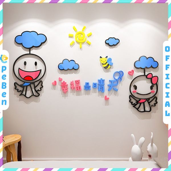  Tranh dán tường mica 3d decor khổ lớn hoạt hình cặp đôi dễ thương và chú ong vàng 