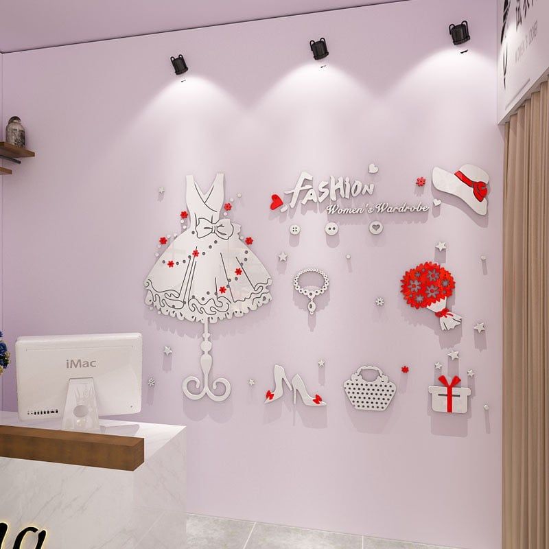  Tranh mica EPeBen dán tường nổi 3d hình váy, guốc, ví decor trang trí shop thời trang bán váy áo, shop phụ kiện 