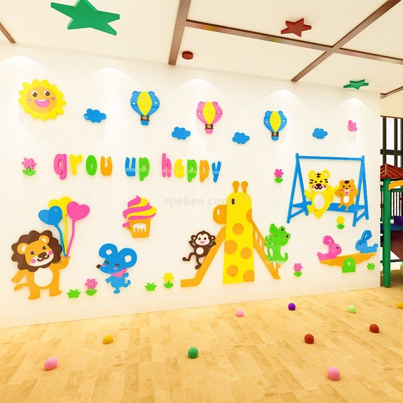  Tranh dán tường mica 3d decor khổ lớn lớn lên cùng nhau trang trí mầm non, mẫu giáo, phòng cho bé 