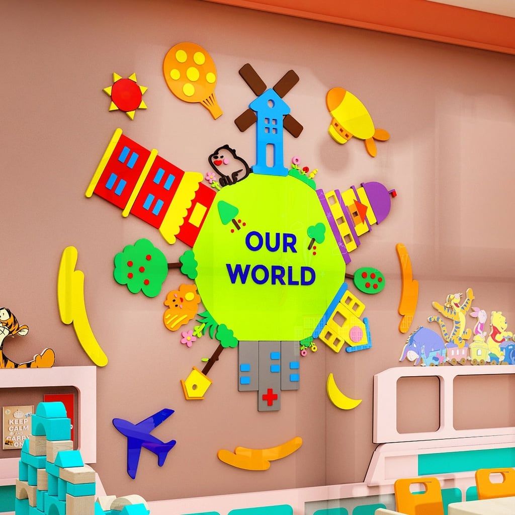  Tranh mica dán tường dán nổi trái đất của bé trang trí phòng học, khu vui chơi cho bé 