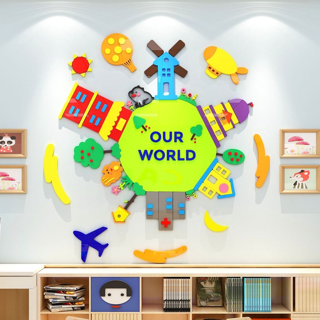  Tranh mica dán tường dán nổi trái đất của bé trang trí phòng học, khu vui chơi cho bé 