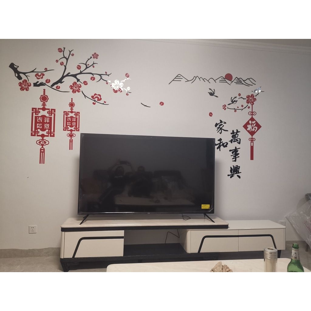  Tranh dán tường mica 3d decor khổ lớn phong cảnh hoa đào và ngọn núi chúc mừng năm mới 