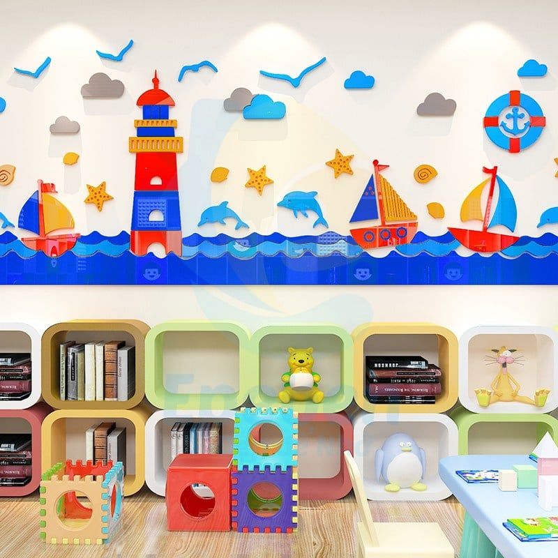  Tranh mica EPeBen dán tường nổi 3d hình đại dương ngọn hải đăng decor trang trí mầm non, phòng cho bé 