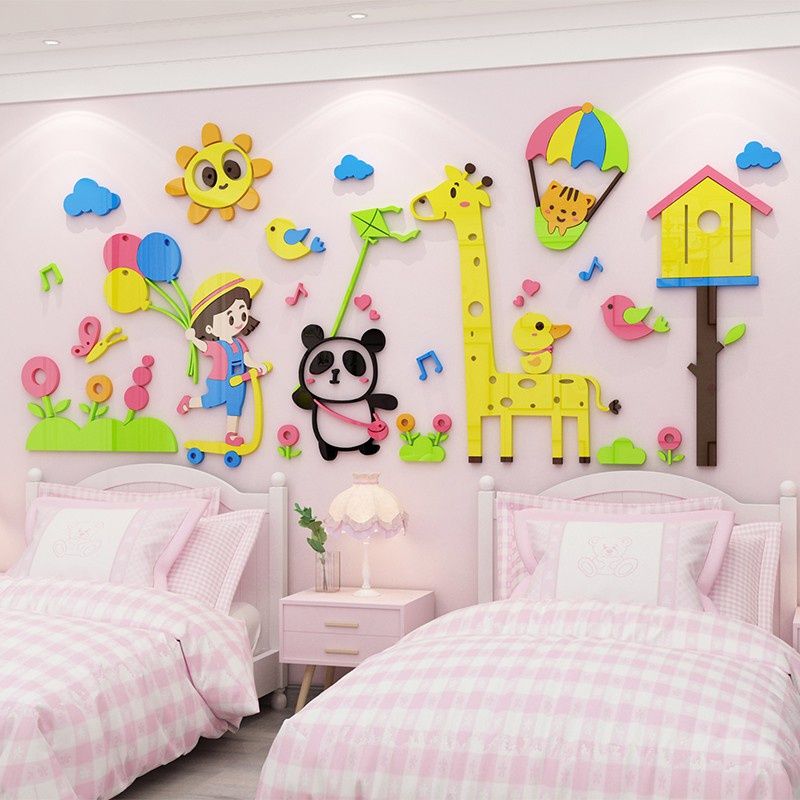  Tranh mica EPeBen dán tường nổi 3d hình cô bé cùng gấu trúc chơi thả diều decor trang trí mầm non, lớp học, mẫu giáo 