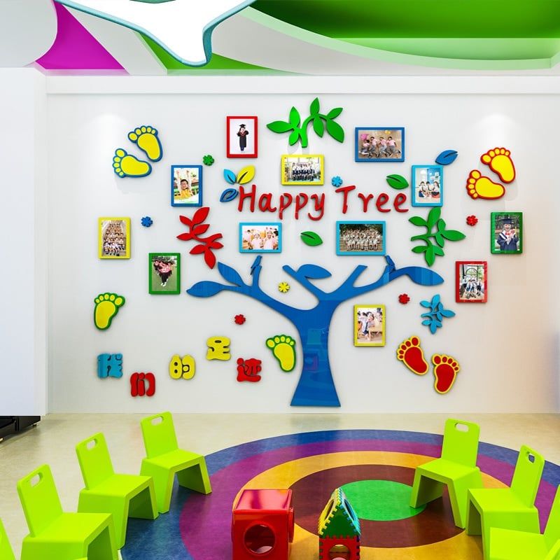  Tranh dán tường mica 3d decor Cây khung ảnh sắc màu Trang trí lớp học, văn phòng 