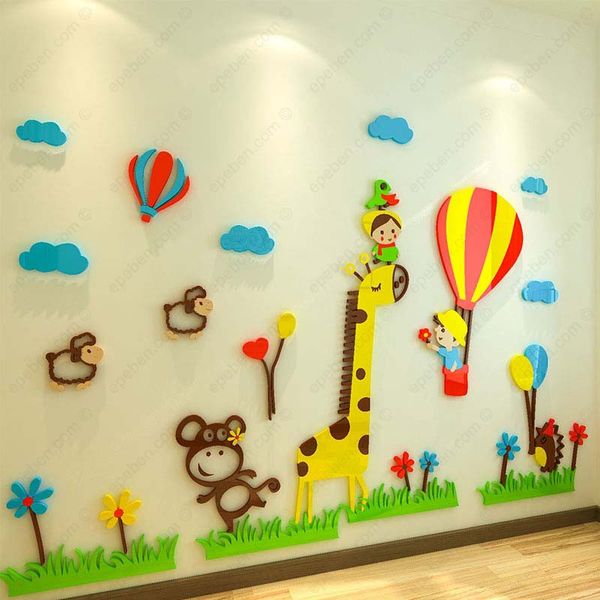  Tranh mica EPeBen dán tường nổi 3d hình khinh khí cầu hươu cao cổ và bé decor trang trí mầm non, phòng bé 
