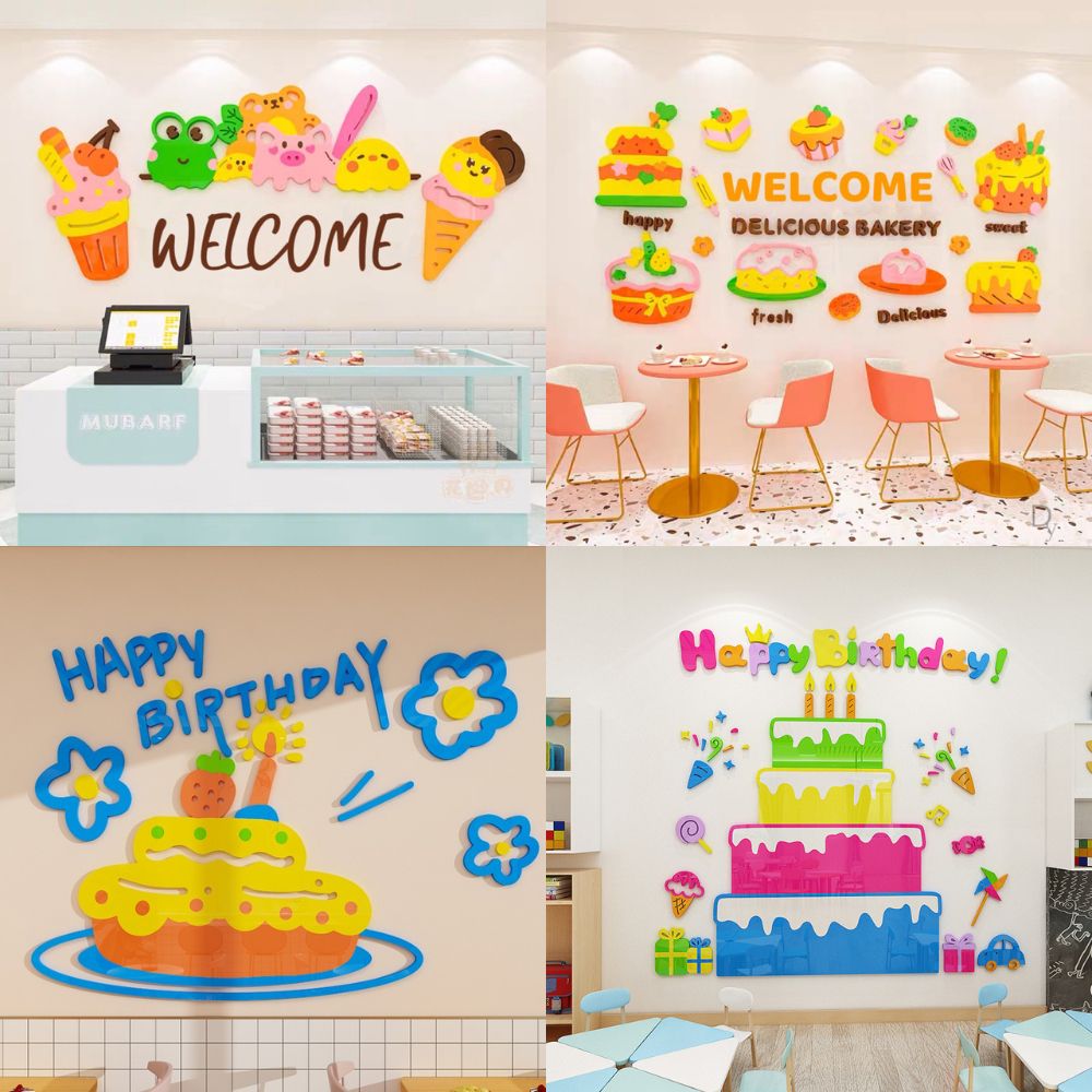  Tranh Mica 3d Dán Tường Trang Trí Tiệm Bánh Kem Happy Birthday, Quán Kem, Cửa Hàng Bánh 