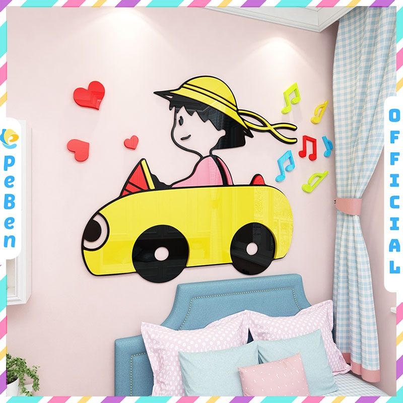  Tranh mica EPeBen dán tường nổi 3d hình cô bé maruko lái xe decor trang trí mầm non, phòng cho bé 