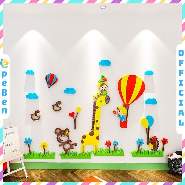  Tranh mica EPeBen dán tường nổi 3d hình khinh khí cầu hươu cao cổ và bé decor trang trí mầm non, phòng bé 