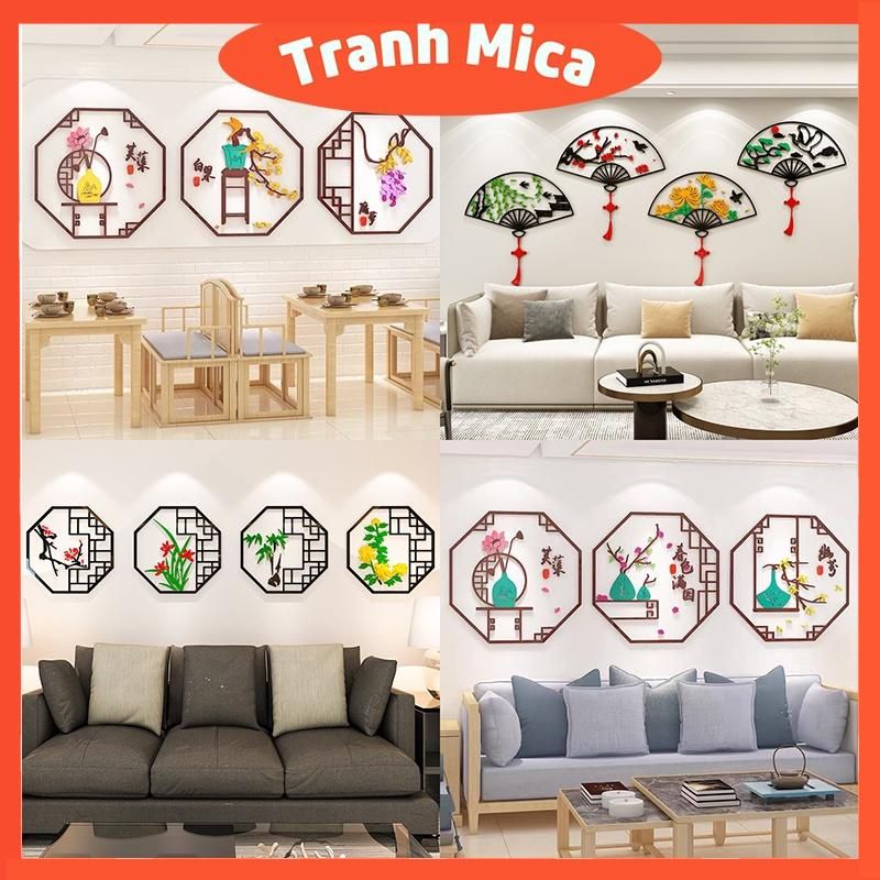  Tranh mica 3d dán tường các mẫu tranh hình quạt, hình ngũ giác tứ quý, trang trí phòng khách 