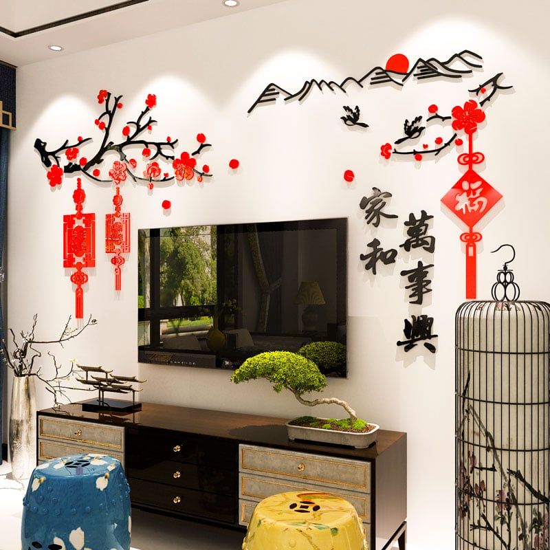  Tranh dán tường mica 3d decor khổ lớn phong cảnh hoa đào và ngọn núi chúc mừng năm mới 