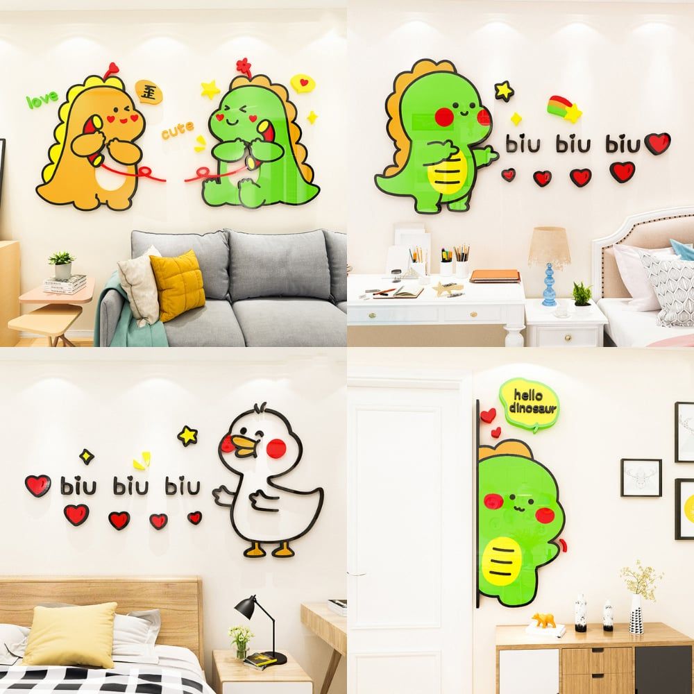  Tranh Mica 3d Dán Tường Khủng Long Xanh Vàng, Con Vịt, Trang Trí Phòng Cho Bé 