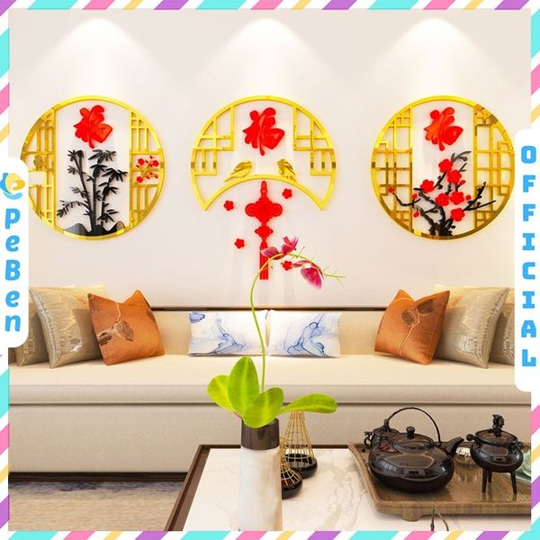  Tranh mica EPeBen dán tường nổi 3d hình hoa đào, cây trúc decor trang trí nhà hàng ngày tết tranh phong cách cổ truyền 