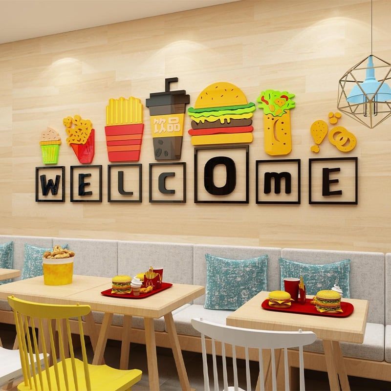  Tranh dán tường mica 3d decor Humburger Trang trí quán ăn, nhà hàng 