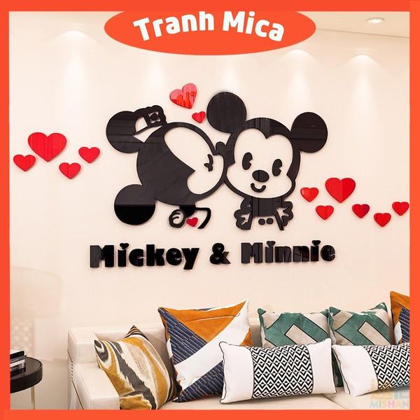  Tranh mica 3d dán tường mẫu tranh Minnie và Mickey hôn nhau trang trí phòng ngủ 