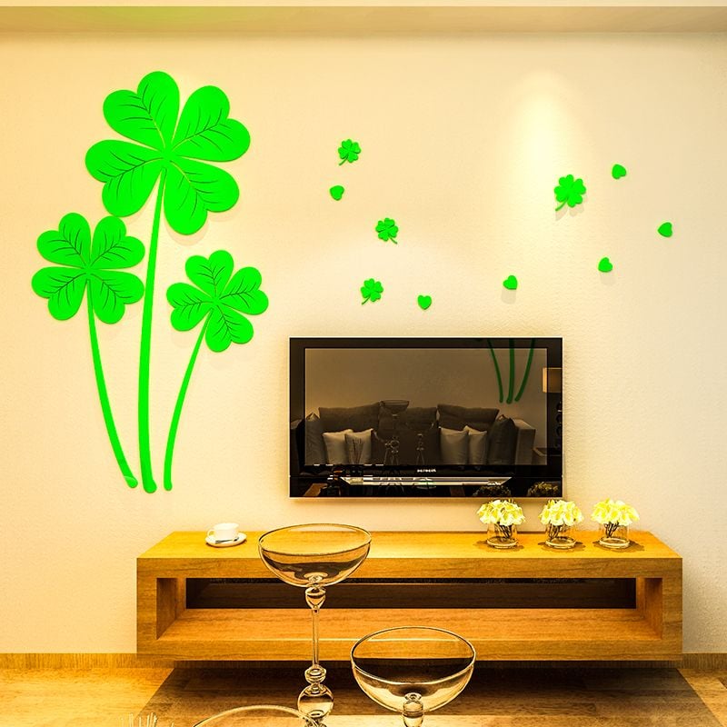  Tranh dán tường mica 3d decor khổ lớn cỏ bốn lá trang trí phòng khách, phòng ngủ 