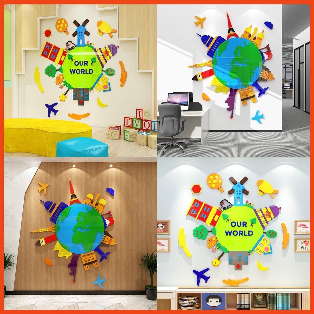  Tranh mica dán tường dán nổi trái đất của bé trang trí phòng học, khu vui chơi cho bé 