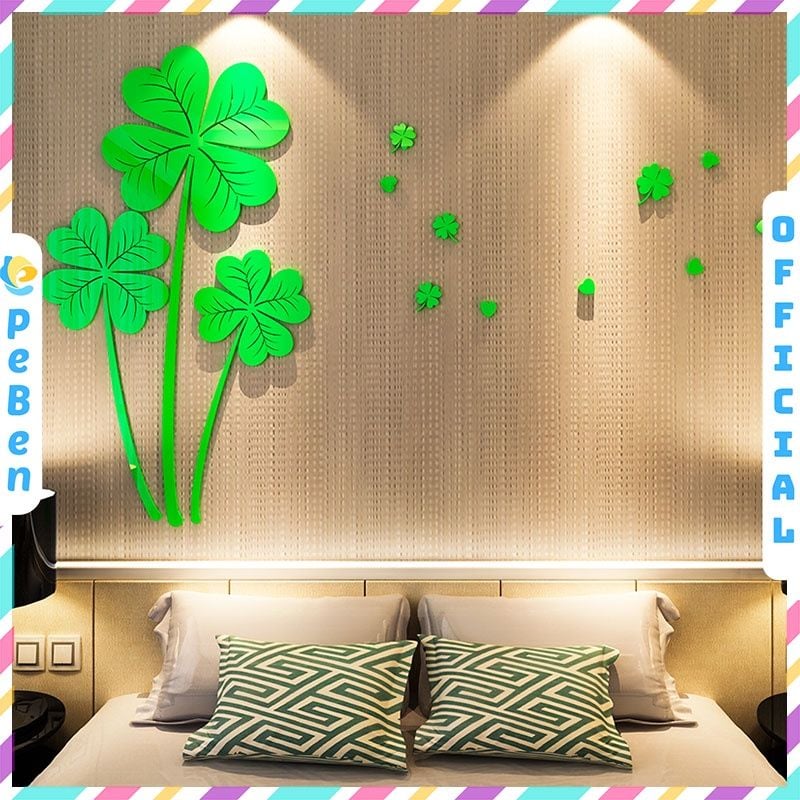  Tranh dán tường mica 3d decor khổ lớn cỏ bốn lá trang trí phòng khách, phòng ngủ 