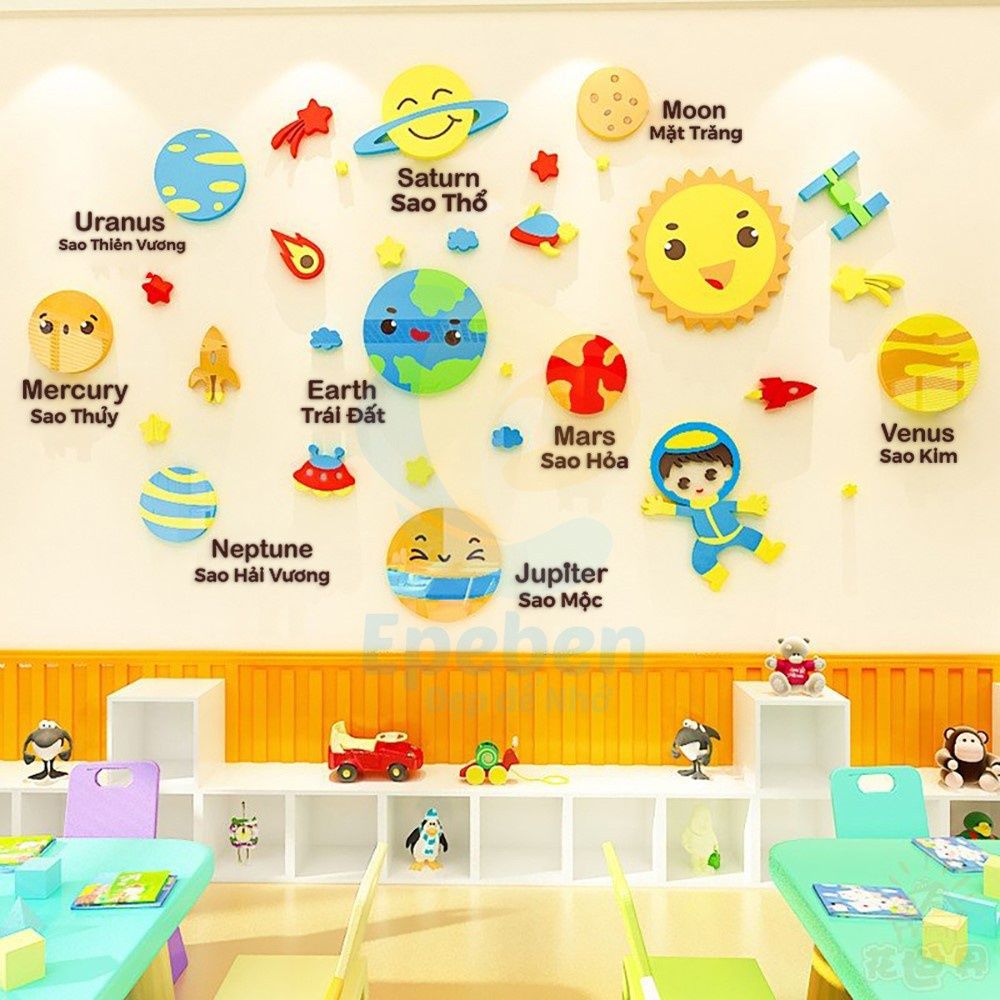  Tranh mica EPeBen dán tường nổi 3d hình vũ trụ hệ mặt trời các hành tinh Tiếng việt cho các em bé trang trí lớp học 