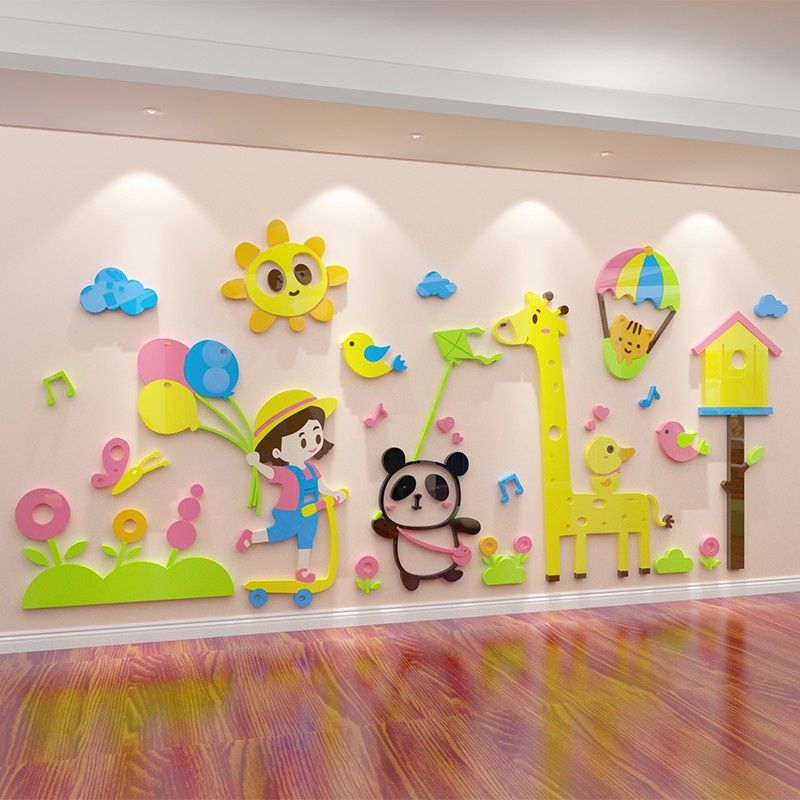  Tranh mica EPeBen dán tường nổi 3d hình cô bé cùng gấu trúc chơi thả diều decor trang trí mầm non, lớp học, mẫu giáo 