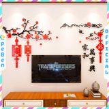  Tranh dán tường mica 3d decor khổ lớn phong cảnh hoa đào và ngọn núi chúc mừng năm mới 