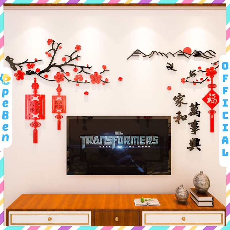  Tranh dán tường mica 3d decor khổ lớn phong cảnh hoa đào và ngọn núi chúc mừng năm mới 