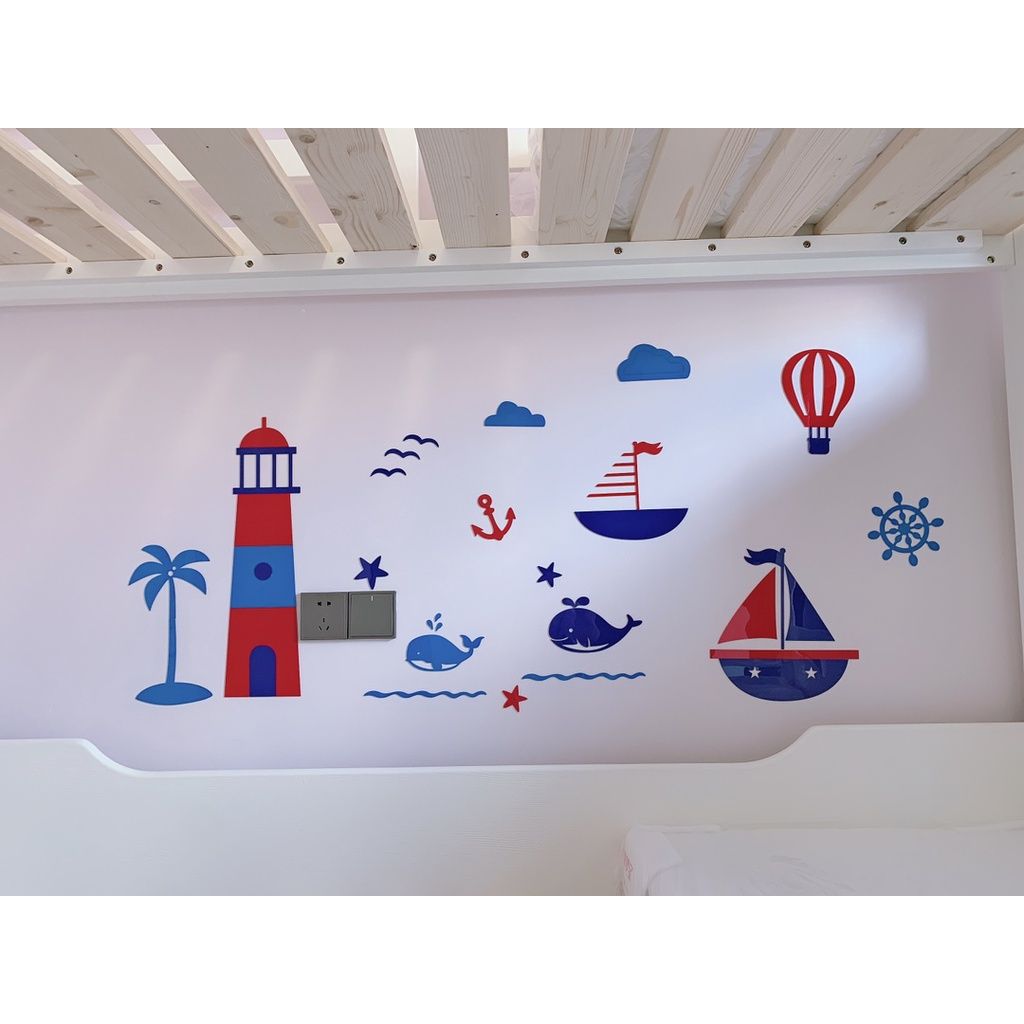  Tranh mica EPeBen dán tường nổi 3d hình hoạt hình biển cả và ngọn hải đăng decor trang trí lớp học, mầm non, mẫu giáo 