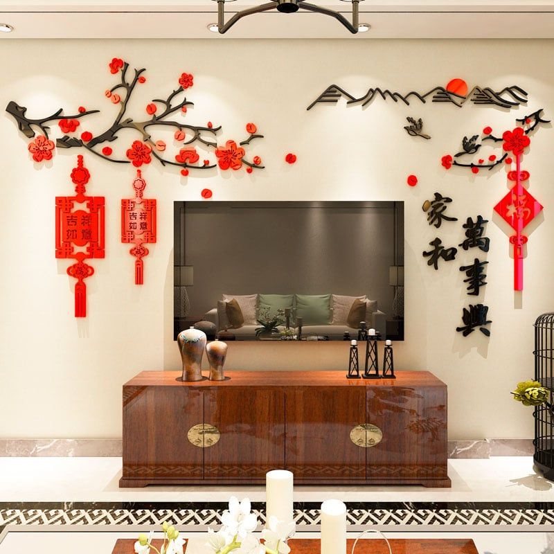  Tranh dán tường mica 3d decor khổ lớn phong cảnh hoa đào và ngọn núi chúc mừng năm mới 